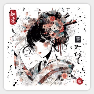 Japanese Beauty in Watercolor: Portrait with Kimono and Flowers Sticker